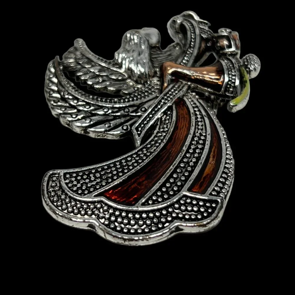 Angel Brooch Silver Tone Flower Bronze‎ Color Accents Vintage Pin